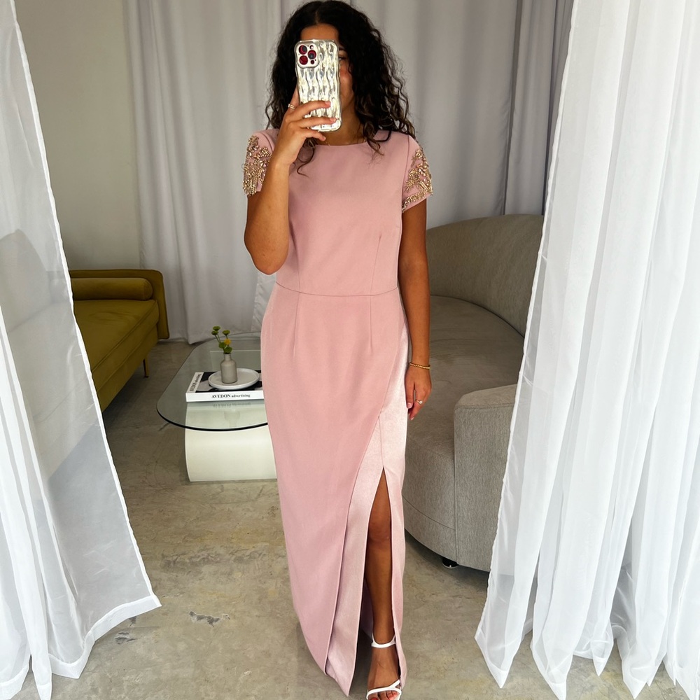David Meister Pink Sheath Maxi Dress with Flutter Sleeves